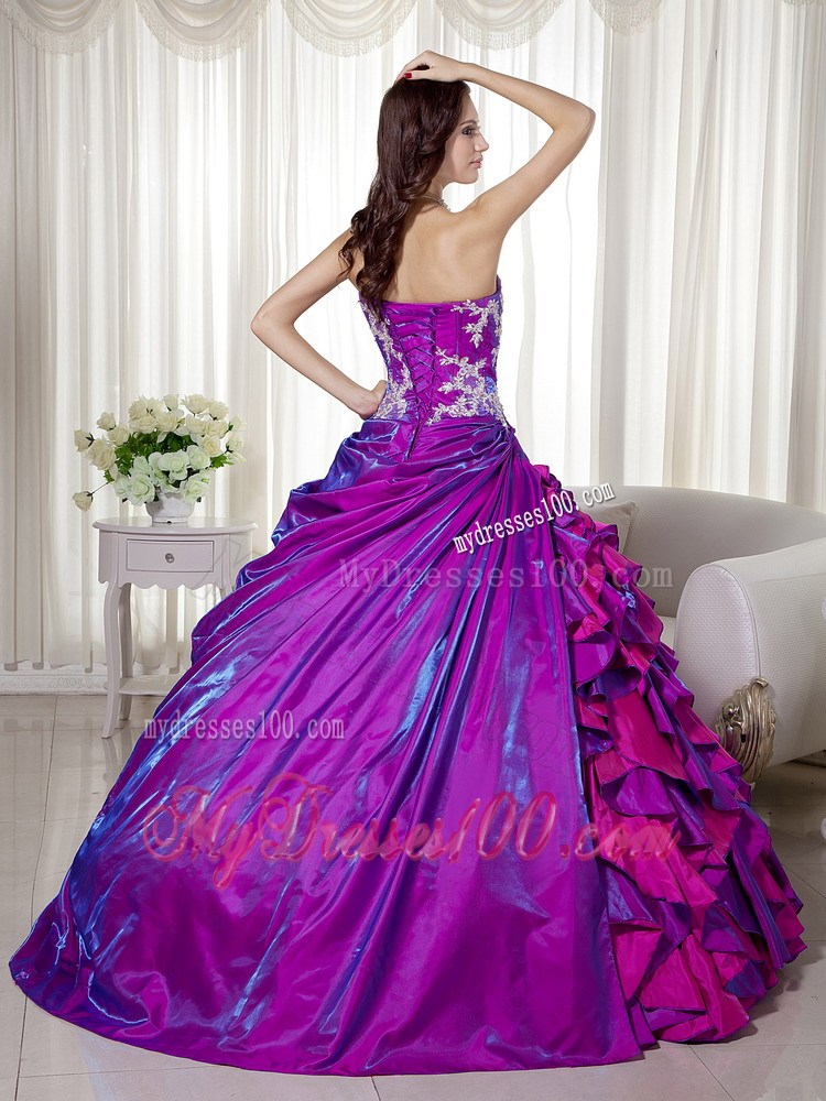 Purple Strapless Quinceanera Dresses Ruffle Layers Appliques