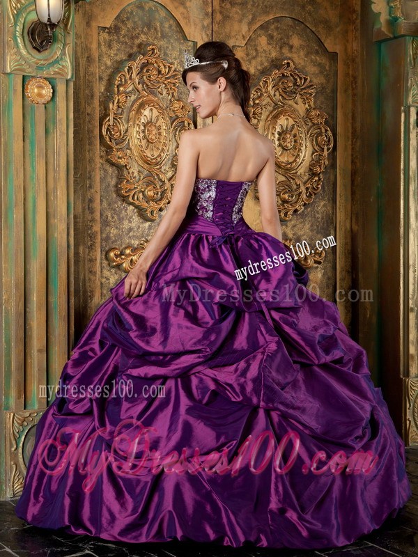 Purple Puffy Ruched Quince Dress with Shawls and Embroidery