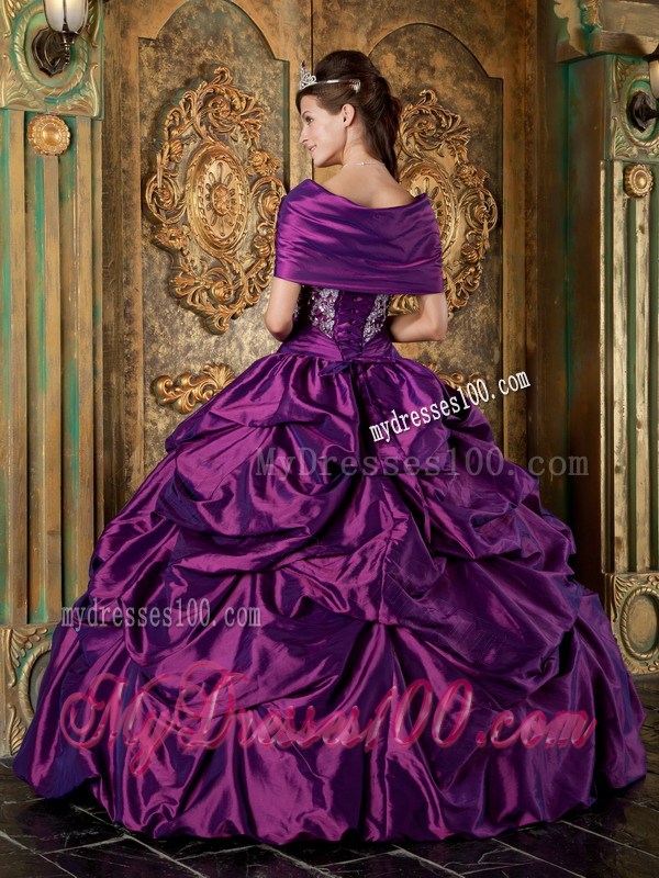 Purple Puffy Ruched Quince Dress with Shawls and Embroidery