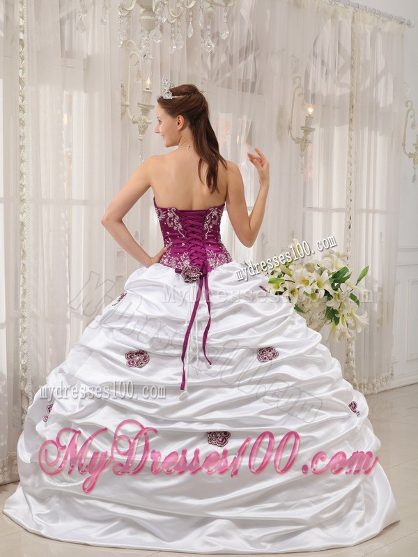 Purple and White Puffy Quince Dresses with White Appliques