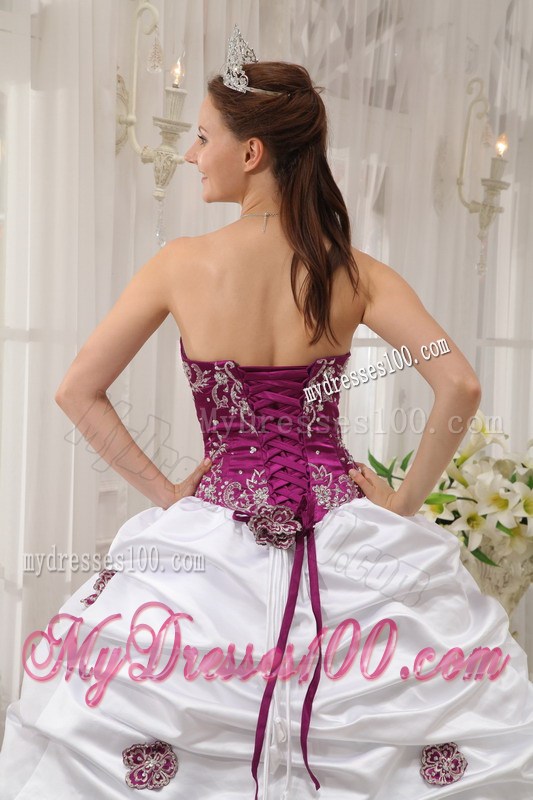Purple and White Puffy Quince Dresses with White Appliques