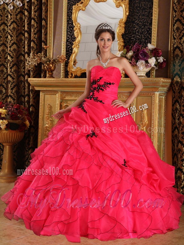 Red Organza Ruched Dress for Quince with Black Appliques
