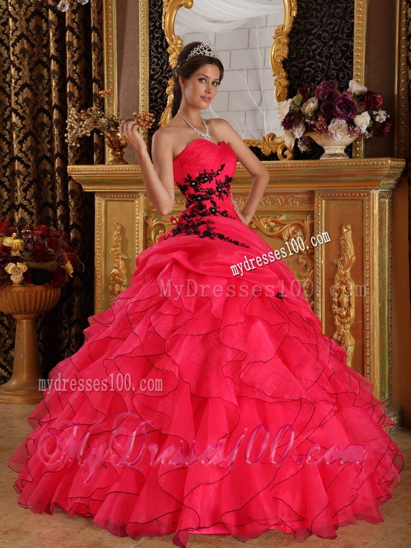 Red Organza Ruched Dress for Quince with Black Appliques