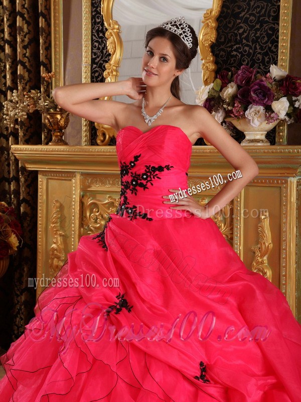 Red Organza Ruched Dress for Quince with Black Appliques