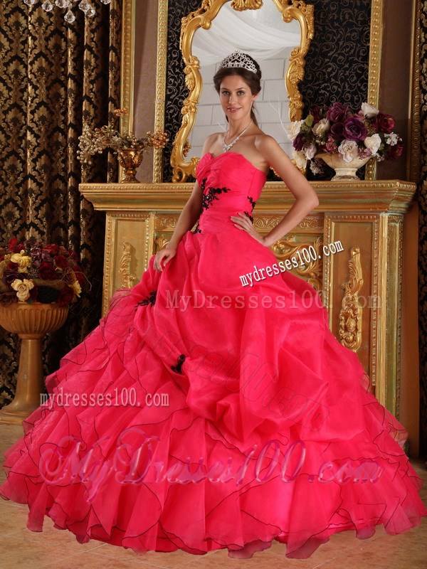 Red Organza Ruched Dress for Quince with Black Appliques