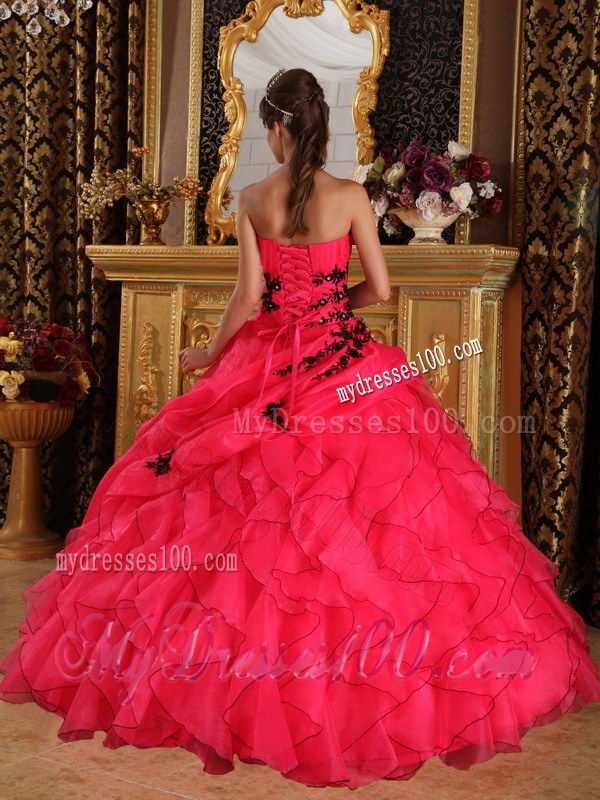 Red Organza Ruched Dress for Quince with Black Appliques