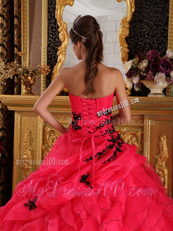 Red Organza Ruched Dress for Quince with Black Appliques