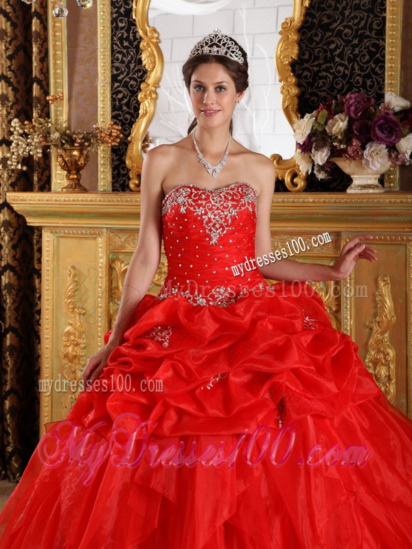 Pretty Red Ruched Quince Dress with Appliques and Beadings