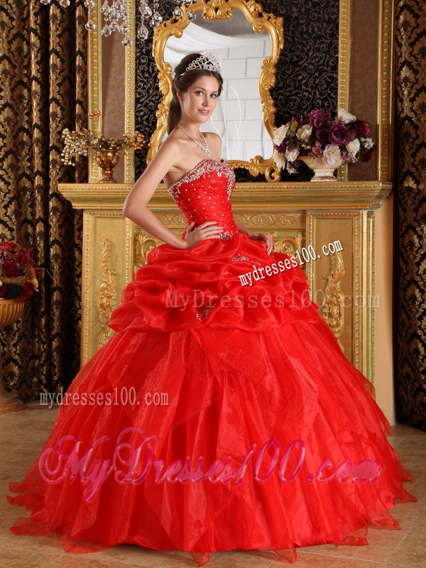 Pretty Red Ruched Quince Dress with Appliques and Beadings