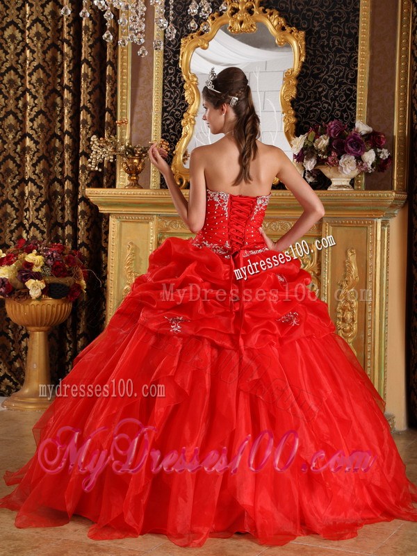 Pretty Red Ruched Quince Dress with Appliques and Beadings