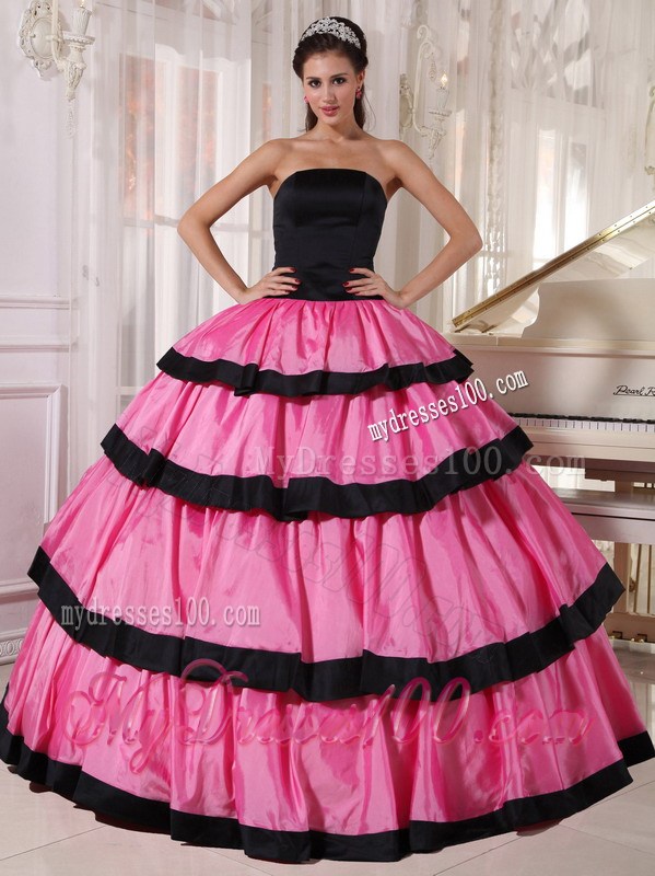Rose Pink and Black Ruffle Layers Quinceanera Dresses Low Price