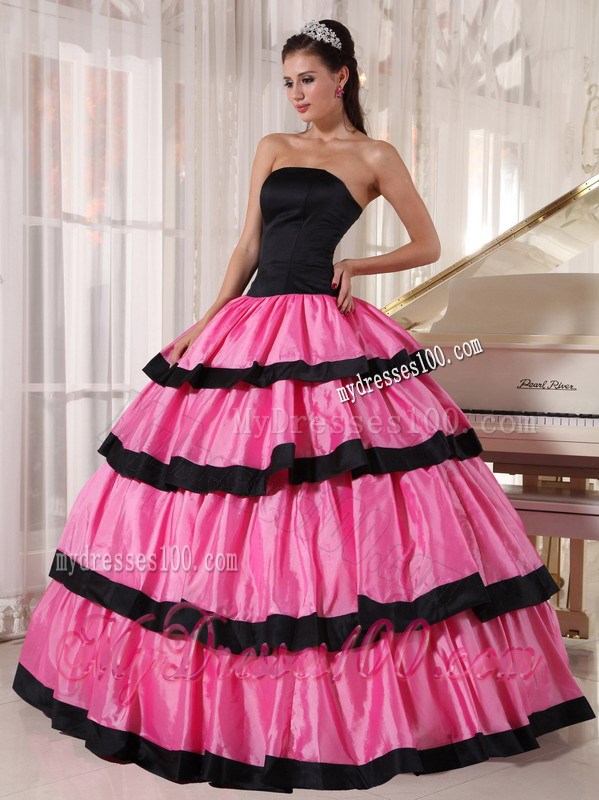 Rose Pink and Black Ruffle Layers Quinceanera Dresses Low Price