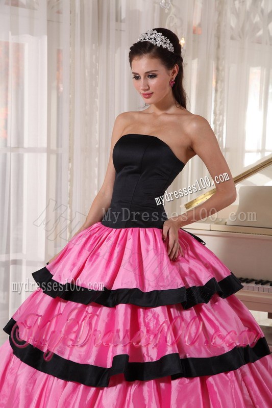 Rose Pink and Black Ruffle Layers Quinceanera Dresses Low Price