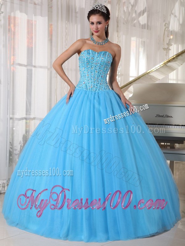 Corset Back Pleated Puffy Sweet 15 Dresses with Beading in Aqua Blue