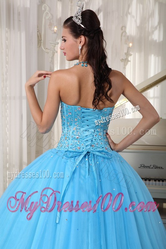 Corset Back Pleated Puffy Sweet 15 Dresses with Beading in Aqua Blue