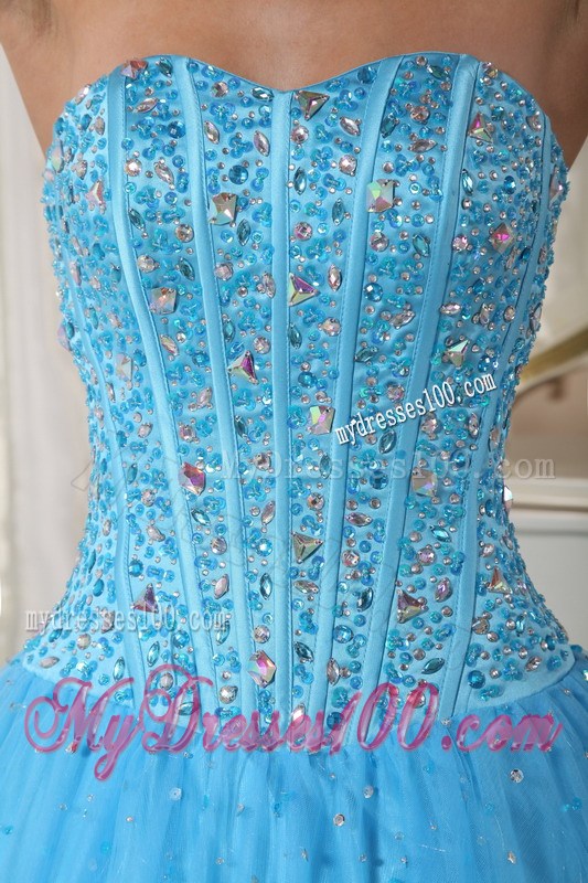 Corset Back Pleated Puffy Sweet 15 Dresses with Beading in Aqua Blue