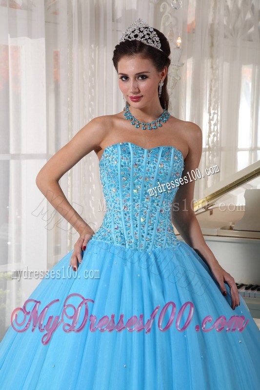 Corset Back Pleated Puffy Sweet 15 Dresses with Beading in Aqua Blue