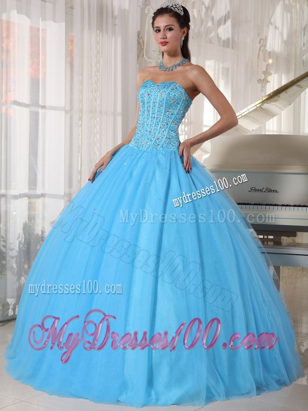 Corset Back Pleated Puffy Sweet 15 Dresses with Beading in Aqua Blue