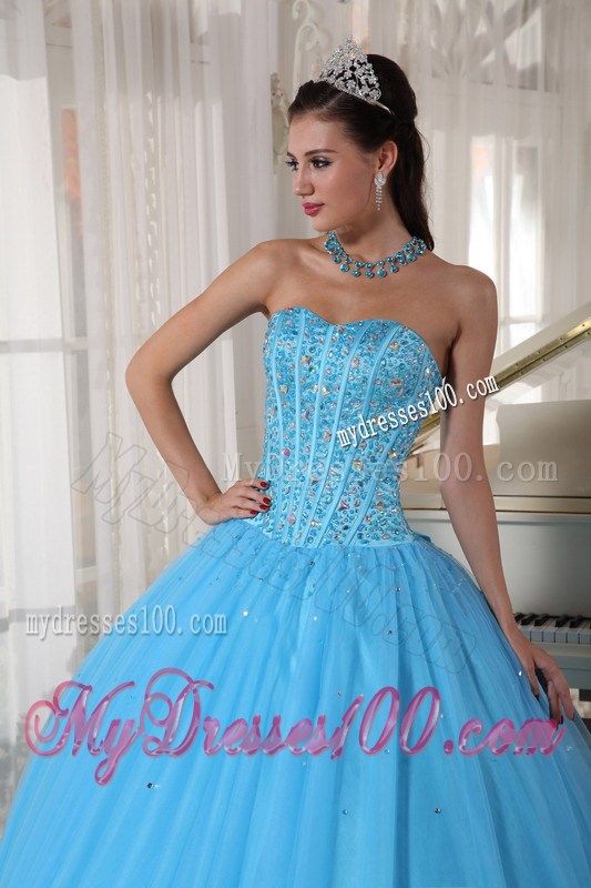Corset Back Pleated Puffy Sweet 15 Dresses with Beading in Aqua Blue