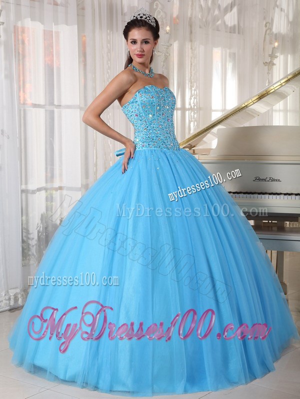 Corset Back Pleated Puffy Sweet 15 Dresses with Beading in Aqua Blue