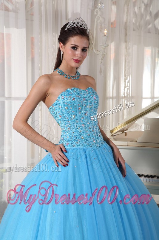 Corset Back Pleated Puffy Sweet 15 Dresses with Beading in Aqua Blue