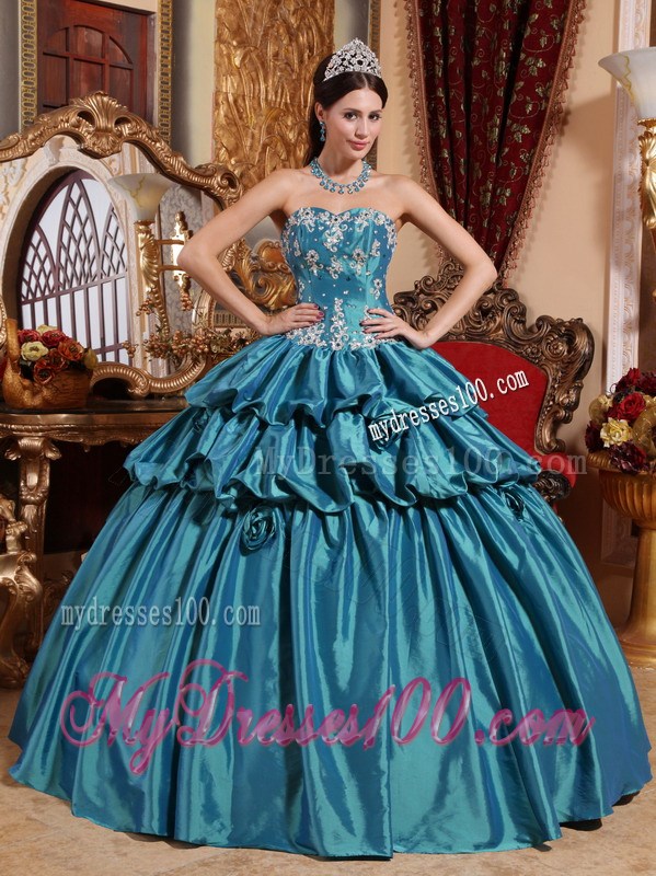 Teal Ball Gown Sweetheart Pick-ups Appliques Quinceanera Dress