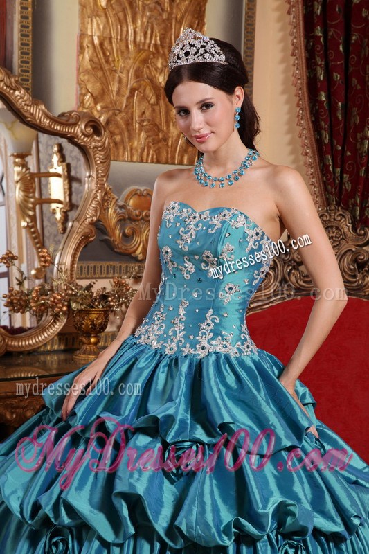 Teal Ball Gown Sweetheart Pick-ups Appliques Quinceanera Dress