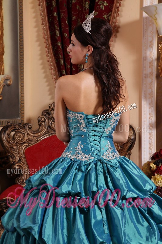 Teal Ball Gown Sweetheart Pick-ups Appliques Quinceanera Dress