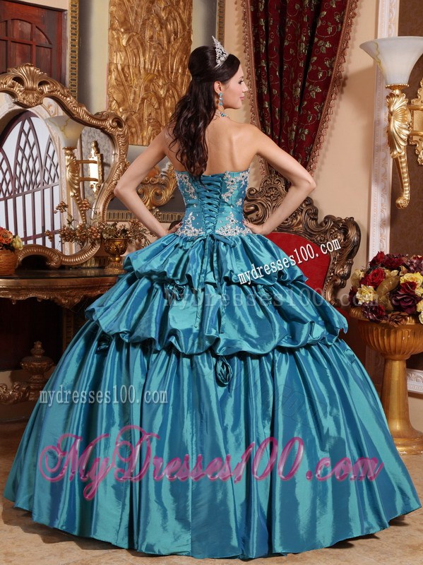 Teal Ball Gown Sweetheart Pick-ups Appliques Quinceanera Dress