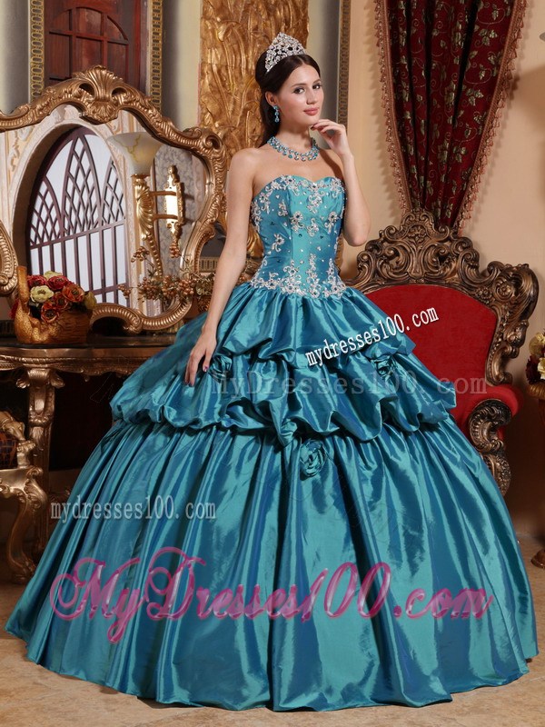 Teal Ball Gown Sweetheart Pick-ups Appliques Quinceanera Dress