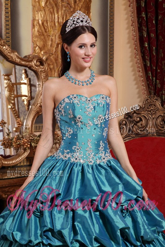 Teal Ball Gown Sweetheart Pick-ups Appliques Quinceanera Dress