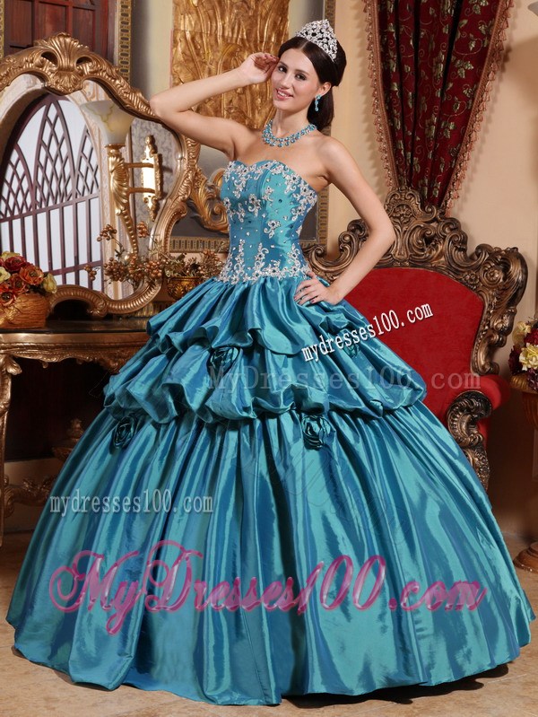 Teal Ball Gown Sweetheart Pick-ups Appliques Quinceanera Dress