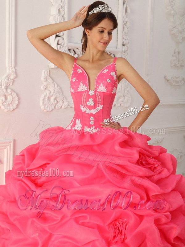 Watermelon Spaghetti Straps Ruched Quince Dress with Appliques
