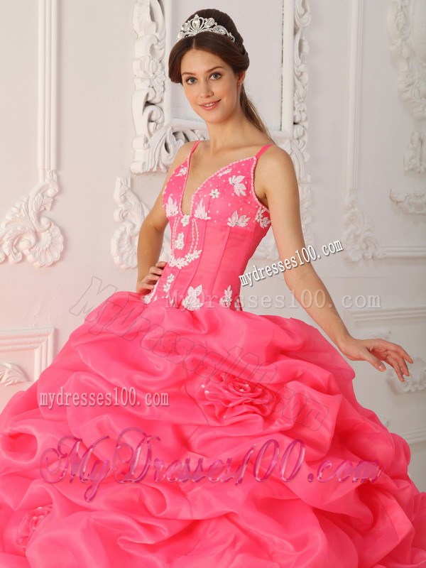 Watermelon Spaghetti Straps Ruched Quince Dress with Appliques