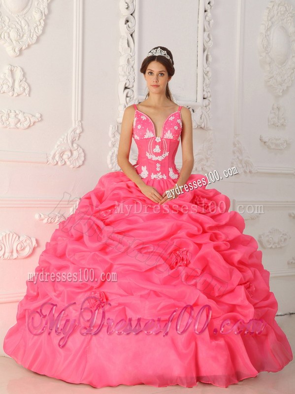 Watermelon Spaghetti Straps Ruched Quince Dress with Appliques