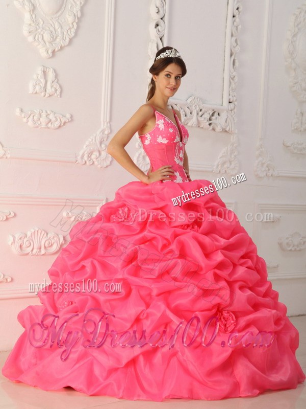 Watermelon Spaghetti Straps Ruched Quince Dress with Appliques