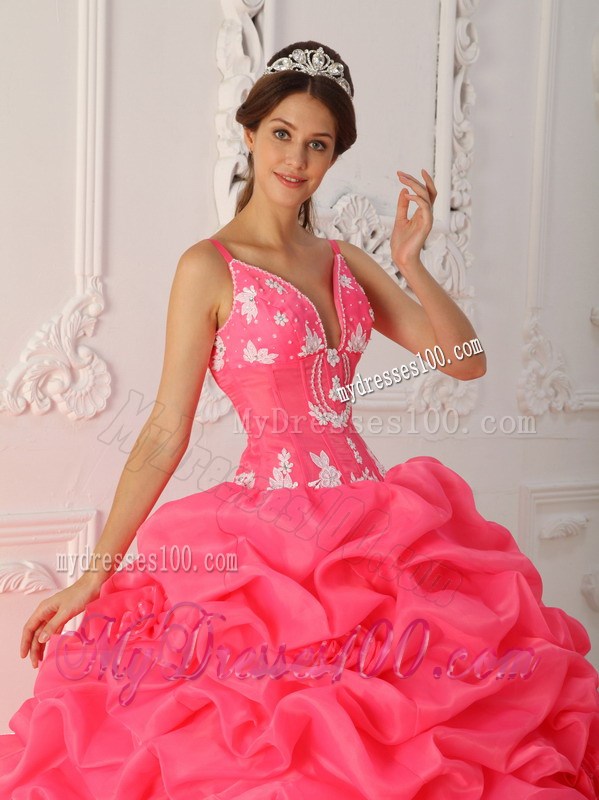 Watermelon Spaghetti Straps Ruched Quince Dress with Appliques