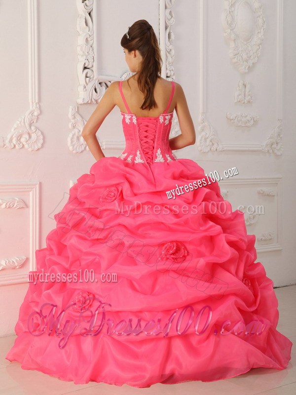 Watermelon Spaghetti Straps Ruched Quince Dress with Appliques