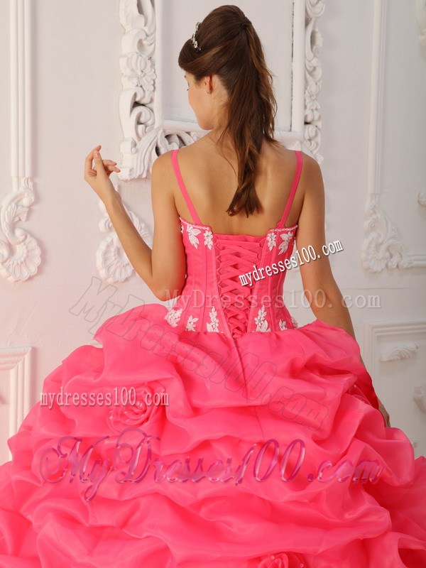 Watermelon Spaghetti Straps Ruched Quince Dress with Appliques