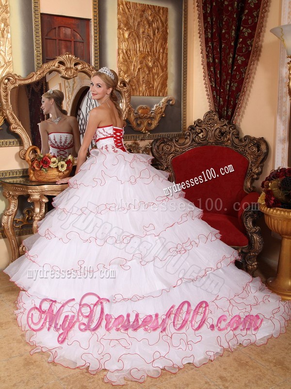 White Puffy Train Organza Quince Dress with Red Lace Hem