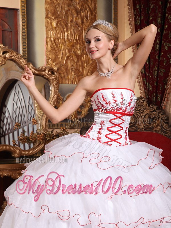 White Puffy Train Organza Quince Dress with Red Lace Hem