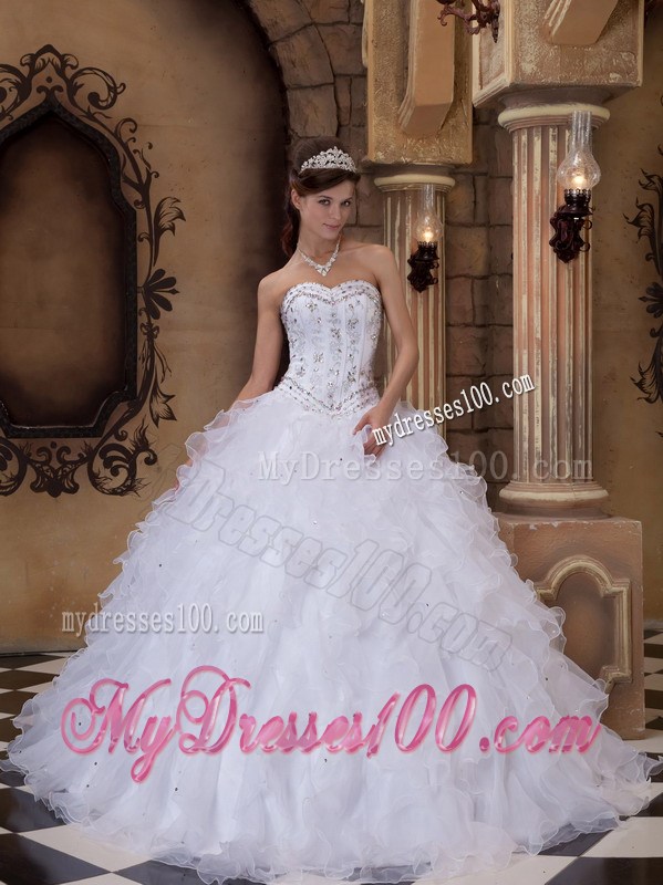 Puffy Ball Gown Quince Dress in White with Beaded Embellishment