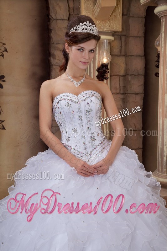 Puffy Ball Gown Quince Dress in White with Beaded Embellishment