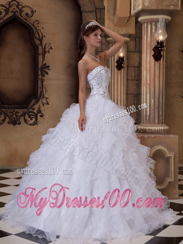 Puffy Ball Gown Quince Dress in White with Beaded Embellishment