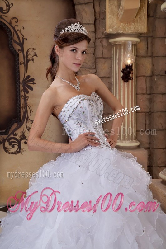 Puffy Ball Gown Quince Dress in White with Beaded Embellishment