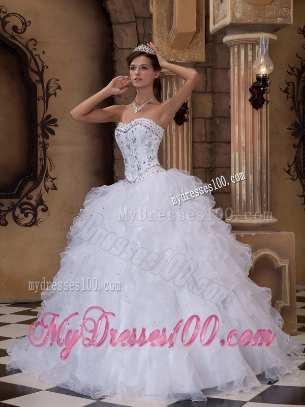 Puffy Ball Gown Quince Dress in White with Beaded Embellishment