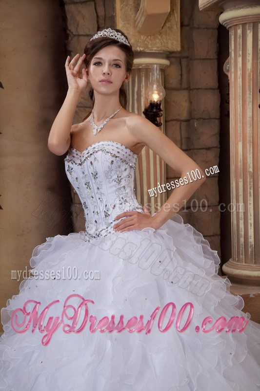 Puffy Ball Gown Quince Dress in White with Beaded Embellishment