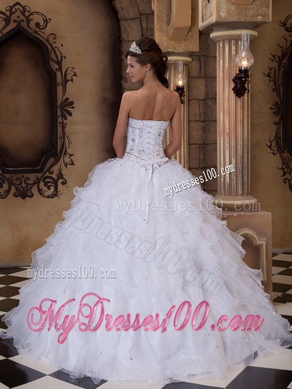 Puffy Ball Gown Quince Dress in White with Beaded Embellishment