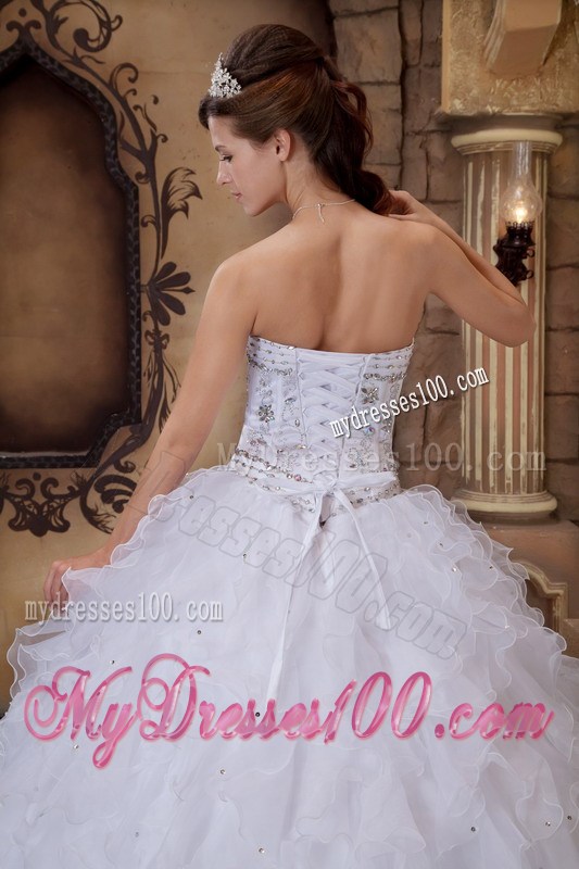 Puffy Ball Gown Quince Dress in White with Beaded Embellishment
