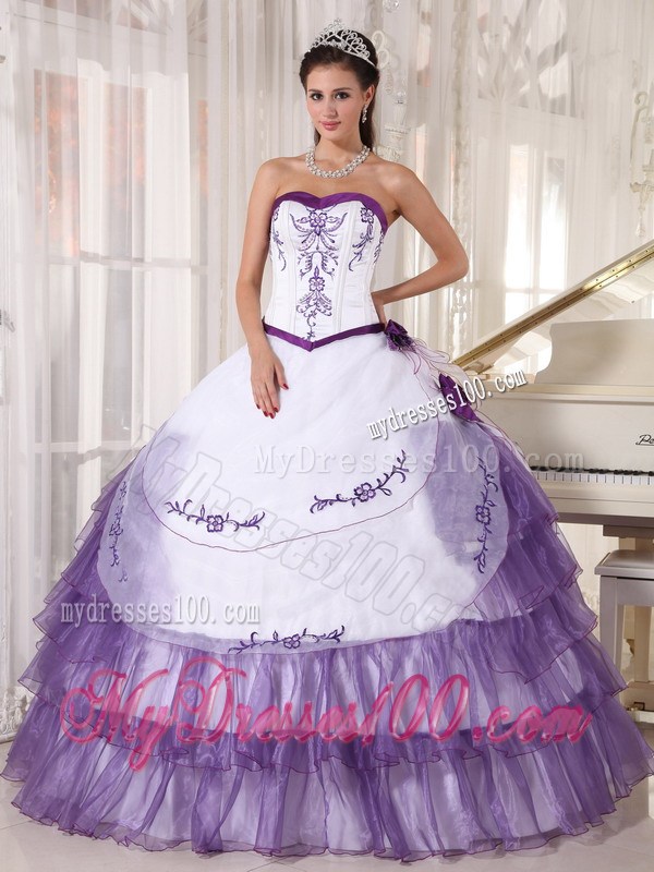 White and Purple Ruffle Layers Sweet 15 Dresses with Appliques